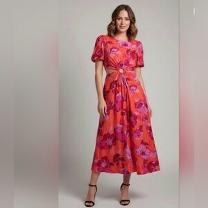 Floral Cutout Midi Dress in Orange and Pink /NWT